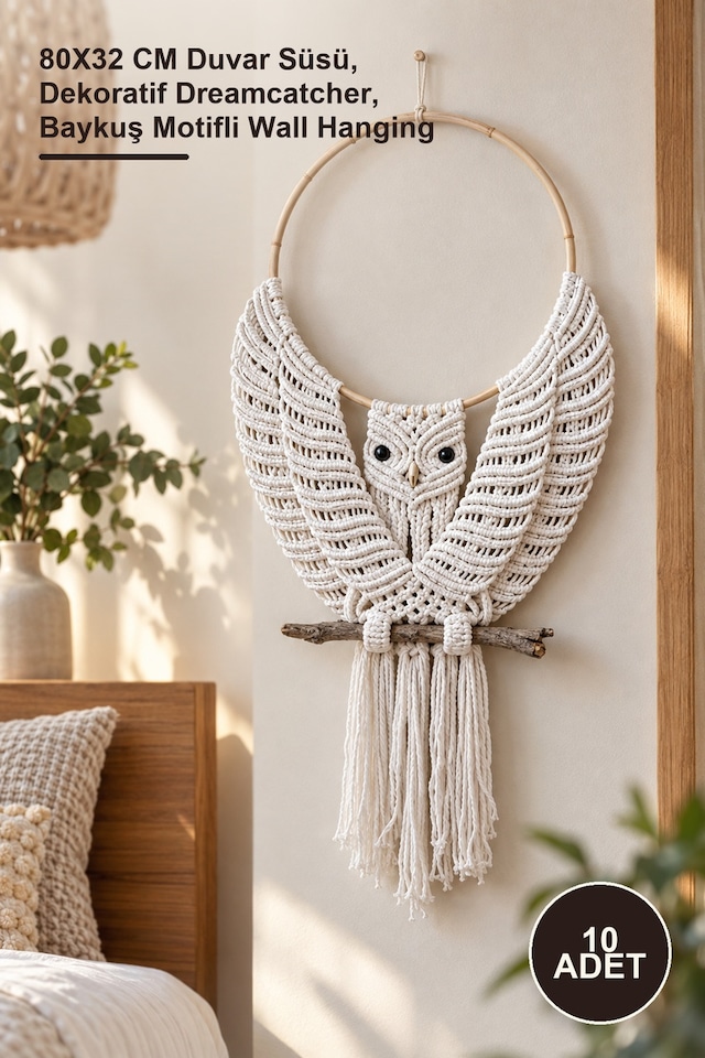 10 Adet Baykuşlu Düş Kapanı 80x32 Cm Duvar Süsü, Dekoratif Dreamcatcher, Baykuş Motifli Wall Hanging