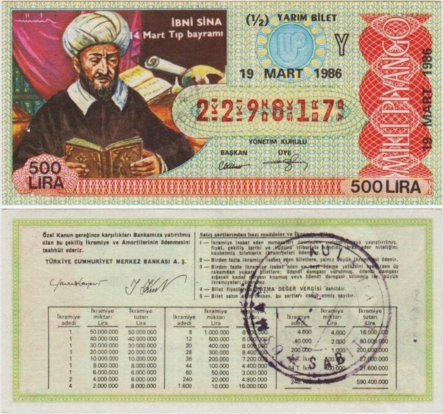 Eski Milli Piyango 1/2 Bilet 19 Mart 1986 Yarım. İbni Sina Temalı. Teşhir Ürün