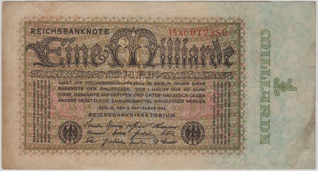 Almanya 1 Milyar Mark 1923 Weimar Cumhuriyeti Dönemi. Ççt.