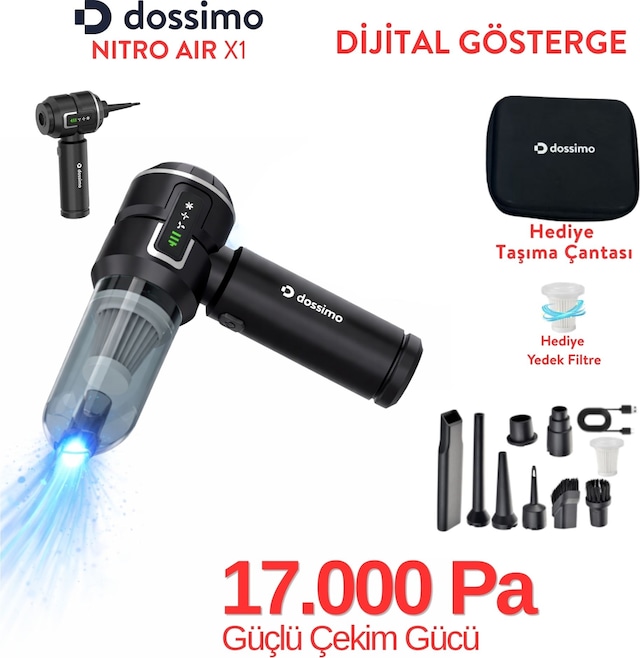 Nitro X1 Kablosuz Araç İçi Süpürge Güçlü Vakum Hava Pompası Dijital Gösterge Çanta Siyah Gri