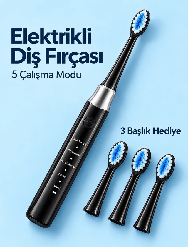 Lb Değiştirilebilir Başlıklı Siyah Elektrikli Diş Fırçası 5 Mod Ve 3 Yedek Başlık