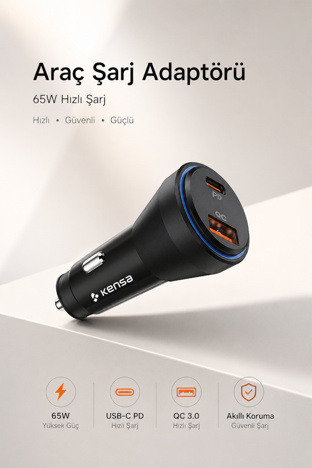 Kensa 65w Çift Portlu Hızlı Araç Şarj Cihazı Usb-c Pd & Usb-a Qc Akıllı Koruma 65w Araç Şarj Cihazı