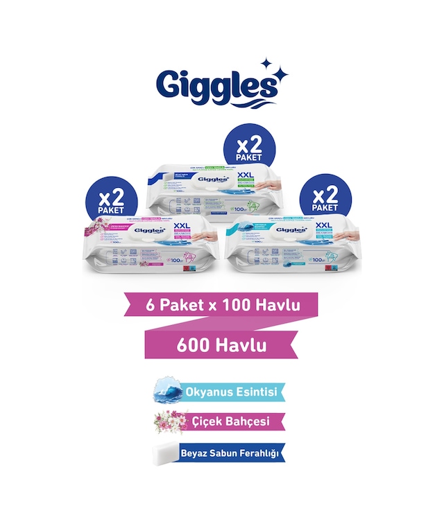 Giggles Xxl İz Bırakmayan Yüzey Temizlik Havlusu - Beyaz Sabun-çiçek Bahçesi-okyanus Esintisi 600 Havlu Beyaz