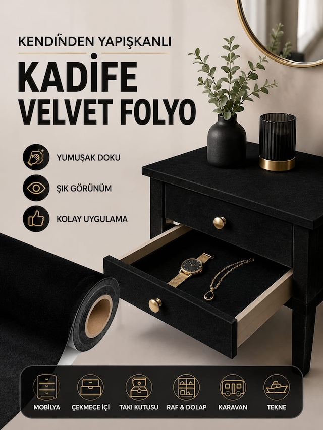 Kendinden Yapışkanlı 19,5cm X 1 Metre Siyah Süet Kadife Velvet Folyo