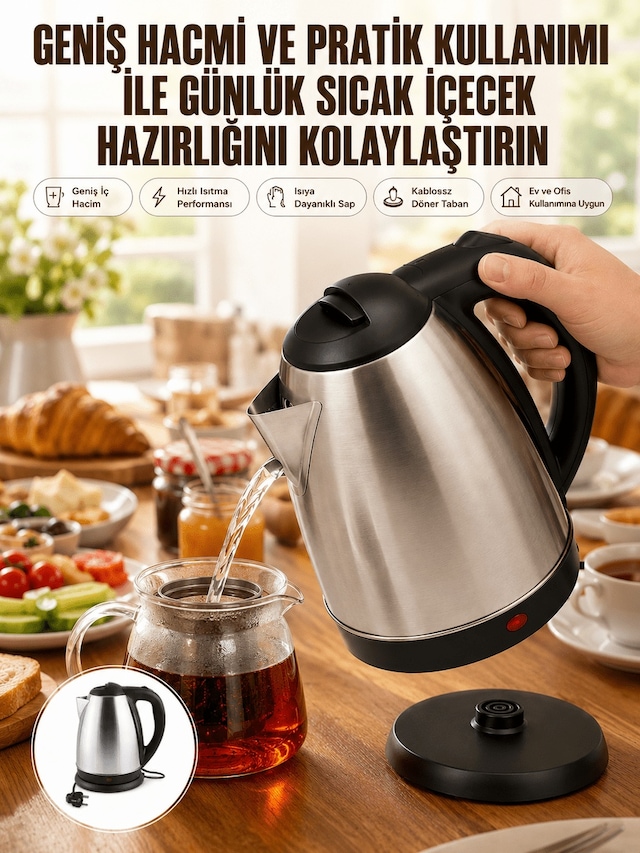Kettle Su Isıtıcı C F Priz Uyumlu 220 - 240 V Paslanmaz Çelik Kablolu - 14996