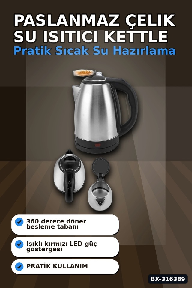 Paslanmaz Çelik Su Isıtıcı Kettle 1.8 Litre Otomatik Kapanan Gizli Rezistans Inox Bx-316389
