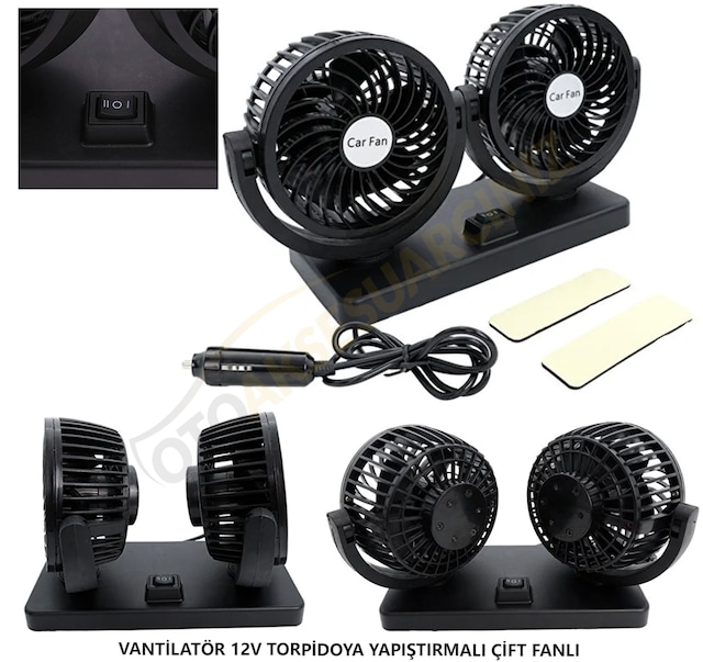 Araç İçi Torpido Üstü 2li Vantilatör Oto Pervane 5 İnç 12 Volt 2 Hız Ayarlı Çakmaklık Girişli