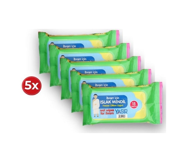 Kokusuz 15 Li Islak Mendil 5 Li Set Hac Umre İhram Uyumlu Parfümsüz Mendil 5'li Set