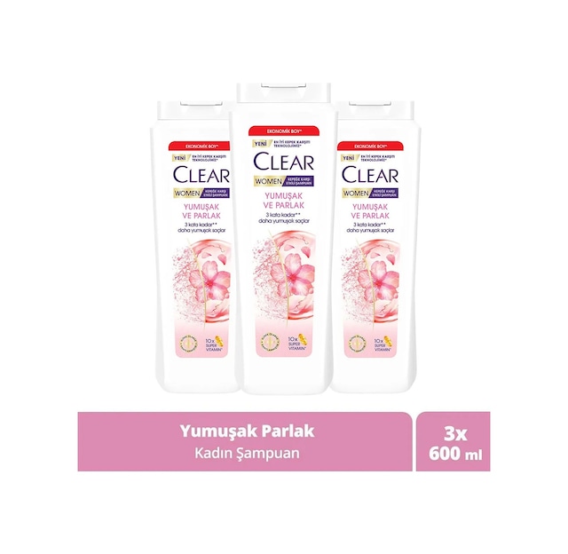 Clear Women Kepeğe Karşı Etkili Şampuan Yumuşak Ve Parlak 600 Ml X3
