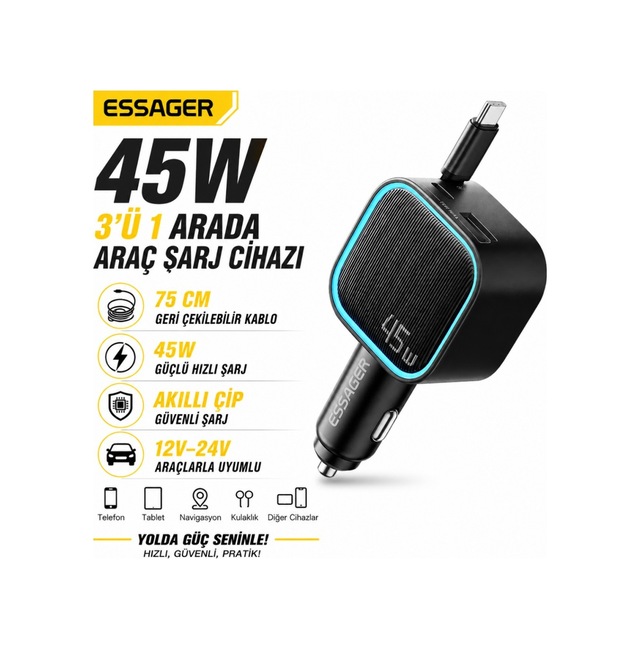 Essager 45w Hızlı Şarj Araç Şarj Cihazı Type C 75cm Çekilebilir Kablo Usb-c Usb-a 3'lü Çıkış 12v/24v