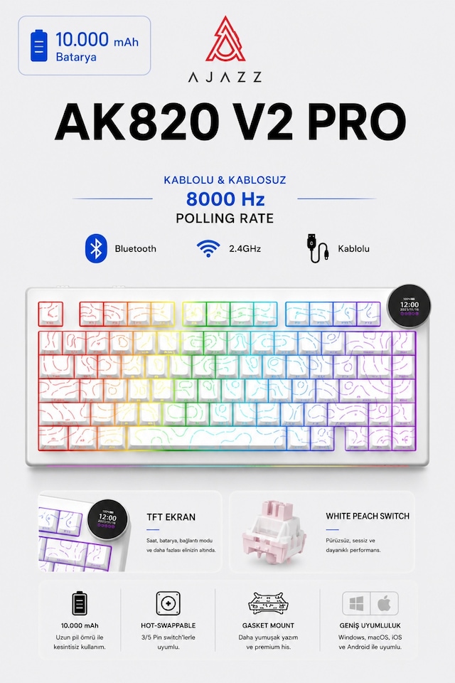 Ak820 V2 Pro 8k+8k Ekranlı Mekanik Oyun Klavyesi-10.000 Mah Batarya