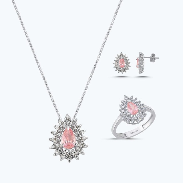 Altınbaş Pembe Taşlı Altın Üçlü Damla Set Autk0033-b-24627-p-set