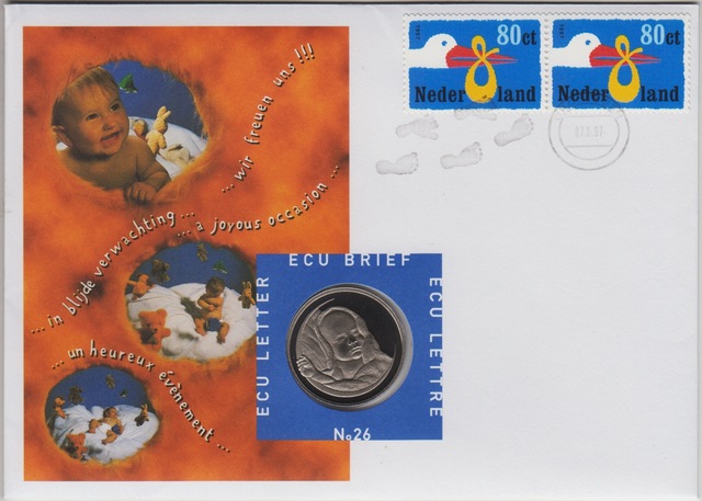 Hollanda 1 Ecu 1997 Doğum. Pullu İlk Gün Zarfında Bilgi Kartıyla. Çil.