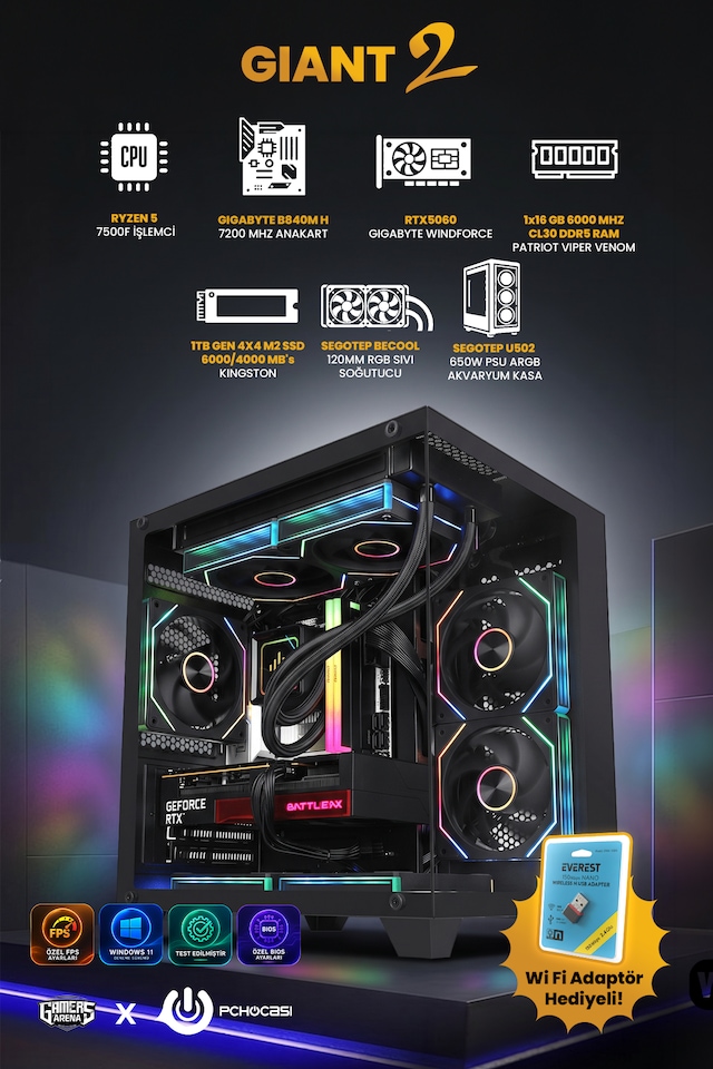 Giant V2 R5-7500F 16 GB 1 TB M2 SSD 8 GB RTX5060 Free Dos Masaüstü Oyuncu Bilgisayarı