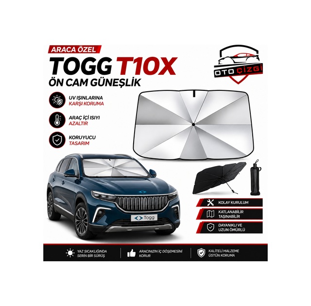Togg T10x Şemsiye Tip Ön Cam Güneşliği Katlanabilir Uv Korumalı Araç Cam Güneşlik