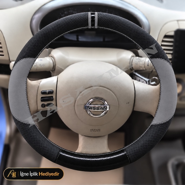 Nissan Micra K12 Dikme Direksiyon Kılıfı Delikli Deri Parlak Siyah Gri Detay Çift Yüzük Ve Dikiş Tekna-mood-solu Tuşlu 2003-2010