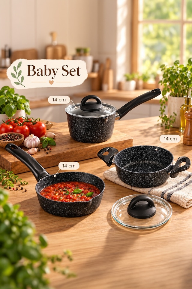 Porsima 4398 4 Parça Kaçerola Sosluk Sütlük Mini Granit Tencere Sahan Seti Siyah 14cm siyah