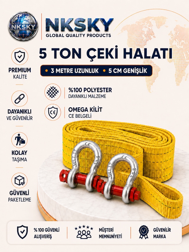 5 Ton Araç Çekme Halatı 3 Metre 5 Cm Ce Belgeli Omega Kilitli Çelik Mapalı Oto Çeki Halat Araç Kurtarma Halatı Sarı
