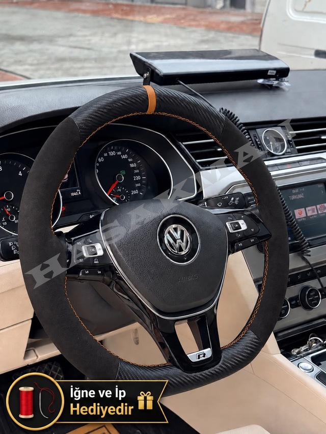 Volkswagen Arteon Dikme Direksiyon Kılıfı Alcantara Süet Mat Karbon Taba Yüzük Ve Dikiş Spor-r-line 2017-2020