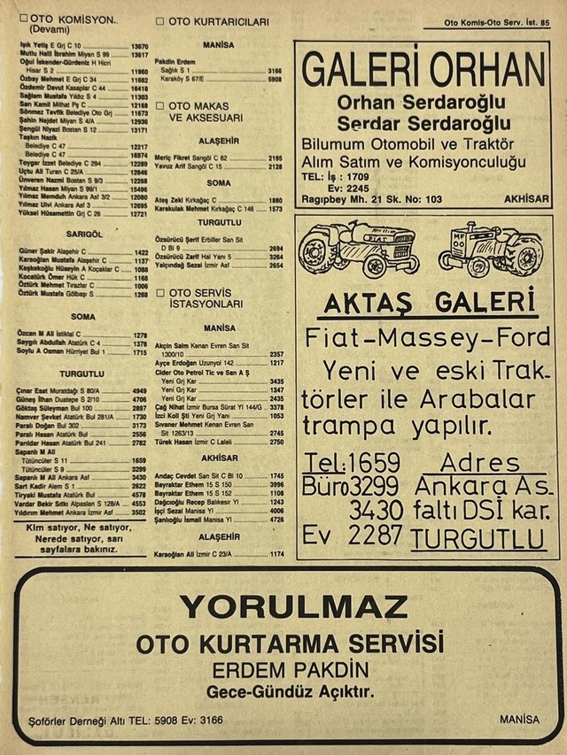 Manisa 1987 Meslek Reklam İlanı Efemera S-85 Teşhir Ürün