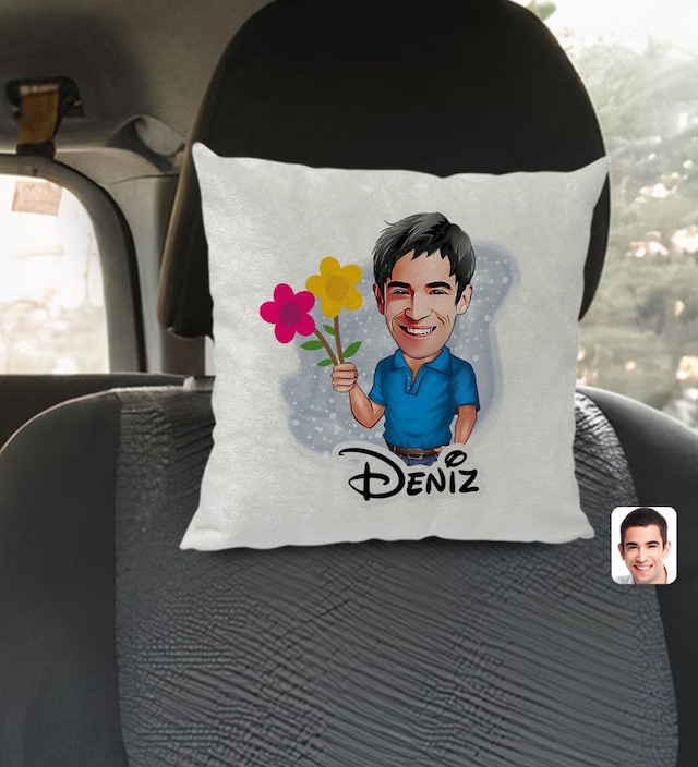 Bk Gift Kişiye Özel İsimli Erkek Karikatürlü Kare Araç Koltuk Yastığı-1