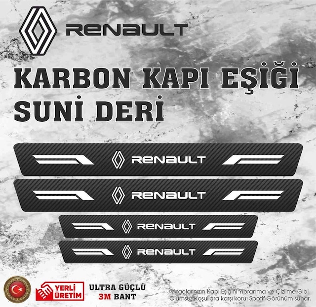 Renault Uyumlu Deri Karbon Kapı Eşiği Koruyucu Bant 4 Adet