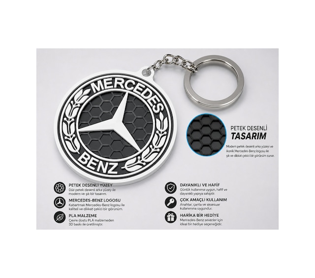 Mercedes-benz Petek Desenli Anahtarlık Beyaz Ve Siyah