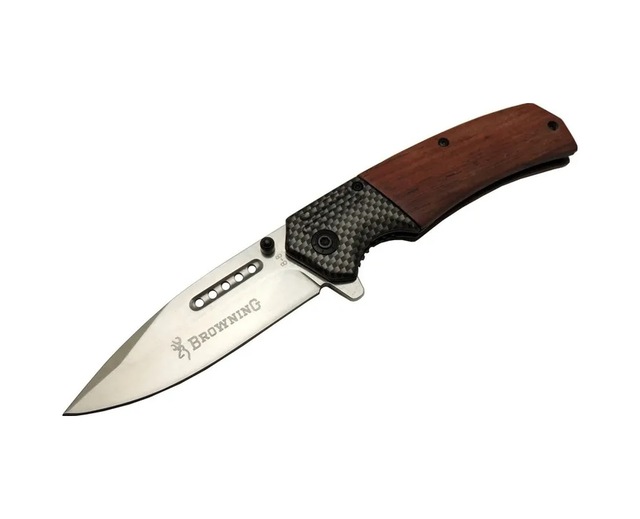 8-8 Kahverengi Kamp Çakı 20cm - Yarı Otomatik, Kemerlikli, Ahşap Sap