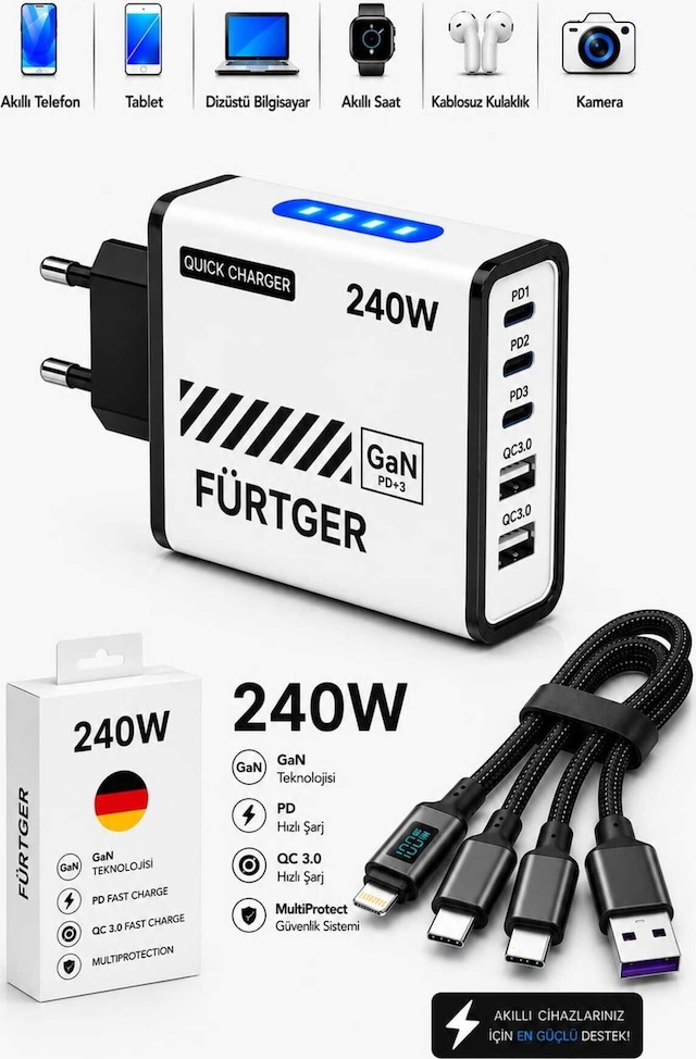 Fürtger German Frt-20w B 3 Type-c + 2 Usb-a Toplam 5 Çıkışlı + 20w Şarj Aleti + 4 Başlıklı Şarj Kablosu