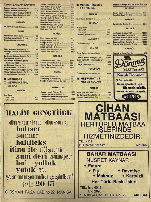 Manisa 1987 Meslek Reklam İlanı Efemera S-69 Teşhir Ürün