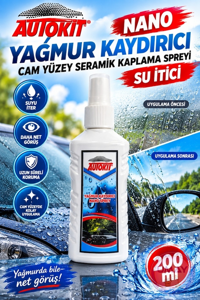 Autokit Nano Yağmur Kaydırıcı Cam Spreyi 200 Ml Su İtici Seramik Kaplama Cam Koruyucu