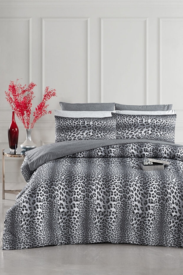Mystory Home Lastikli Çarşaflı Çift Kişilik Nevresim Takımı Leopar Füme - Gri
