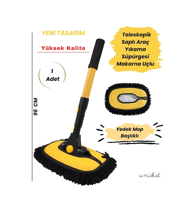 Yeni Tasarım Teleskopik Saplı Araç Yıkama Süpürgesi Makarna Uçlu Uzatılabilir Yaylı Mikrofiber Fırça - 1 Adet