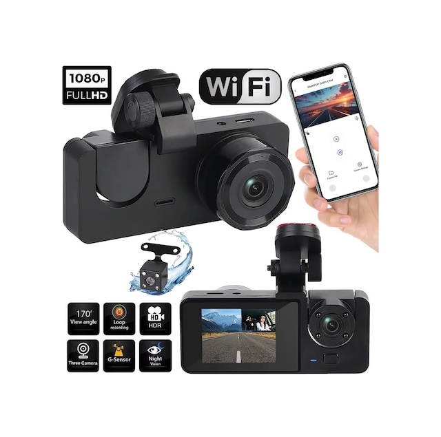 1080p Fhd Wifi Gece Görüşlü Araç İçi Ekranlı Ön Arka 3 Kameralı Sürüş Kaydedici