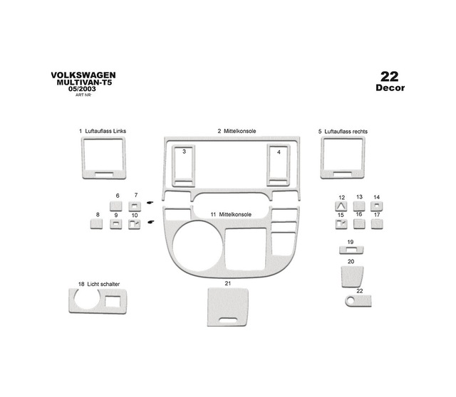 Volkswagen T5 Multivan Torpido Kaplama 2003-2009 22 Parça Alüminyum