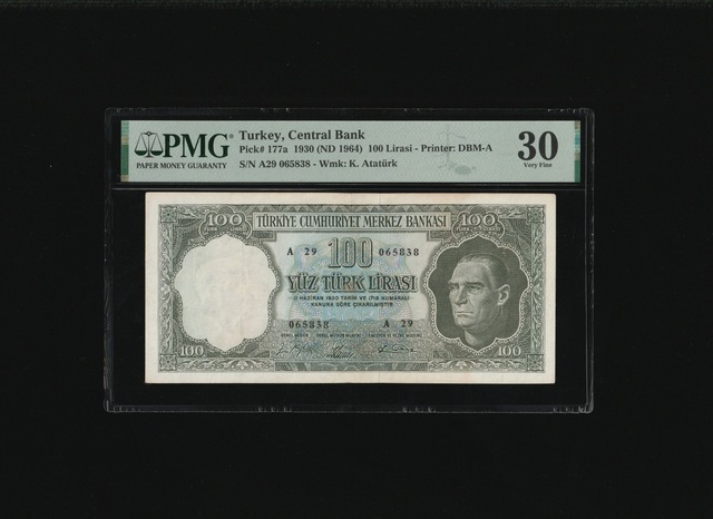 Pmg 30 Yüz Türk Lirası 100 Tl 1930 Nd 1964 P 177a S/n A29 065838 Çt- Çok Temiz