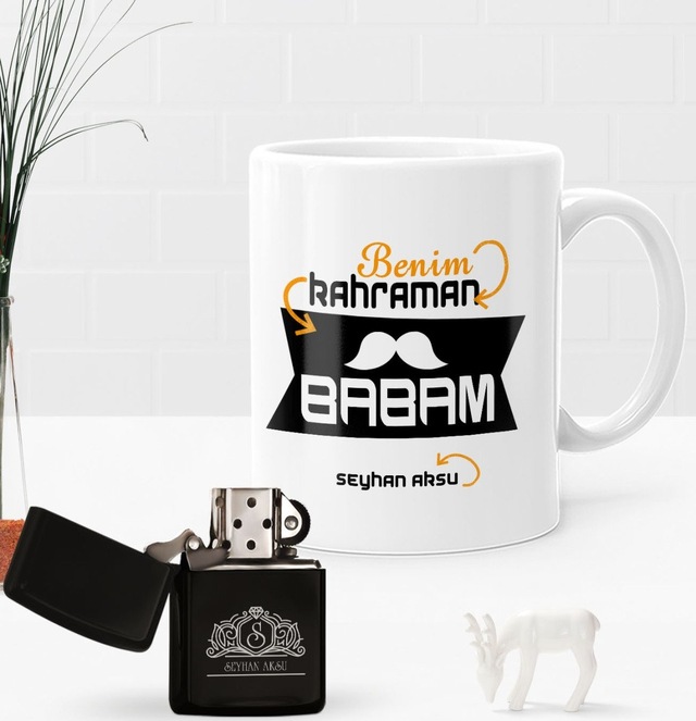 Kişiye Özel Benim Kahraman Babam Benzinli Çakmak ve Kupa Seti-1