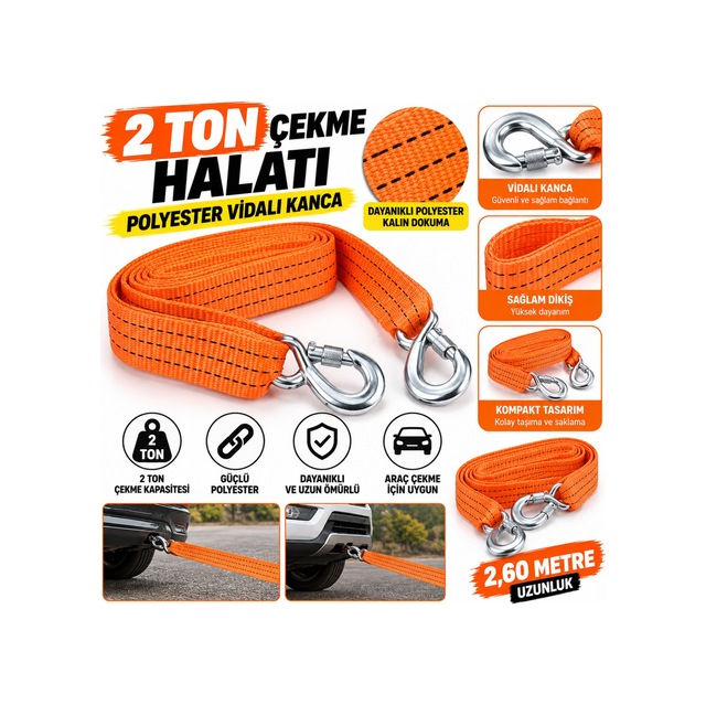 2 Ton 2,60 Metre Polyester Araç Çekme Halatı Vidalı Kancalı Oto Kurtarma Çeki Halatı - 926986511