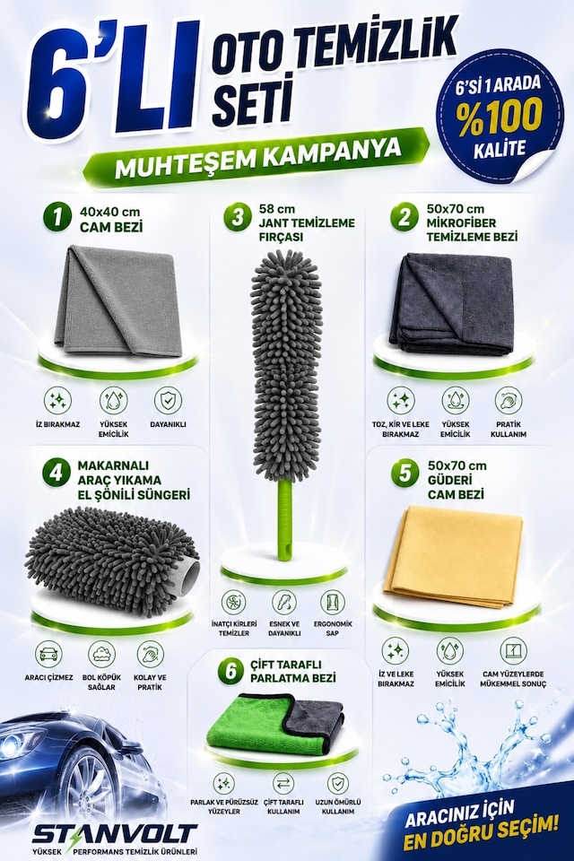6 Lı Oto Temizlik Seti Cam Bezi, Mikrofiber Bez, Jant Fırçası, El Şönili Yıkama Süngeri, Güderi Be