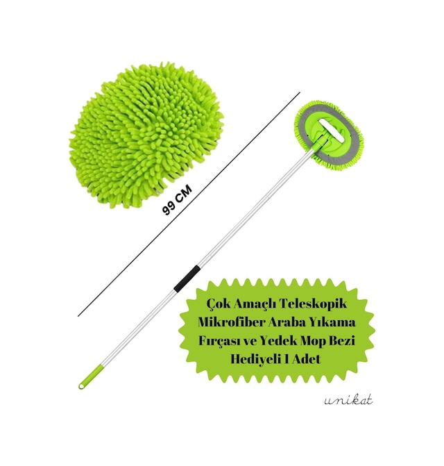 Çok Amaçlı Teleskopik Mikrofiber Araba Yıkama Fırçası Yedek Mop Bezli 1 Adet Saplı Ve Ele Geçirmeli Kullanım Yeşil