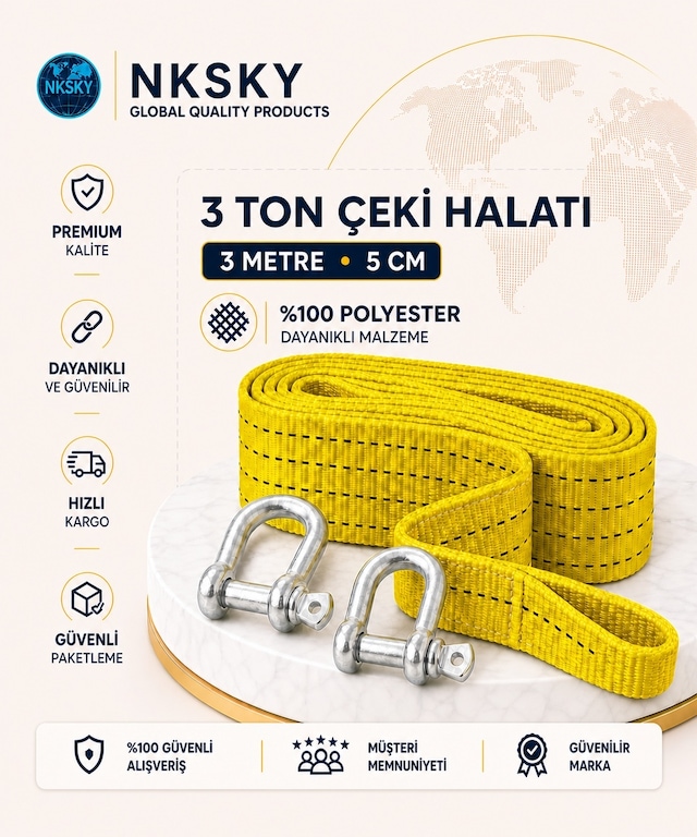 Nksky 3 Ton Araç Çekme Halatı 3 Metre 5 Cm Genişlik Güçlendirilmiş Uçlu Oto Çeki Halatı