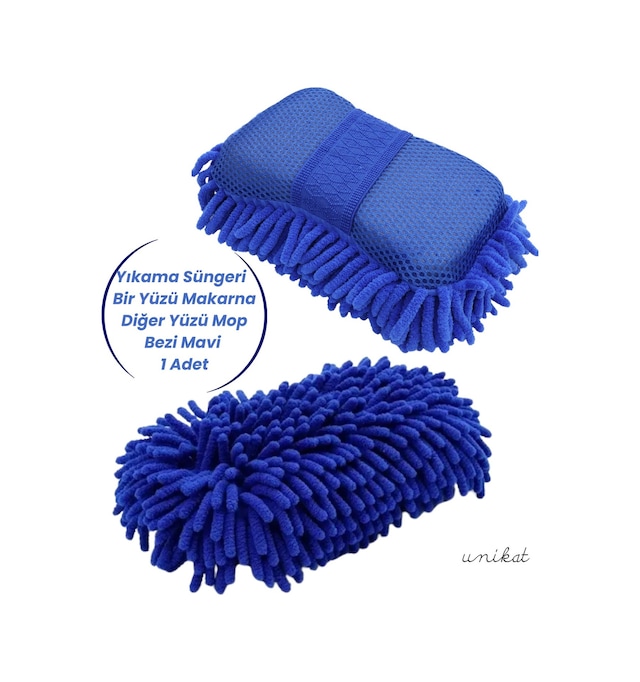 Premium Mikrofiber Araba Yıkama Süngeri Bir Yüzü Makarna, Diğer Yüzü Mop Bezi Mavi 1 Adet