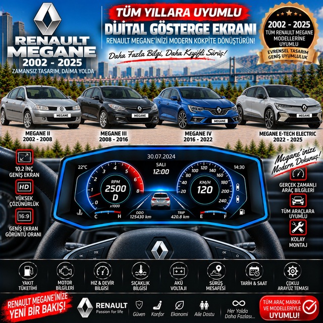 Renault Megane 2002-2025 Uyumlu Digital Gösterge Odb Ekran Arıza Göstergesi Turbo Gösterge Hayalet Ekran