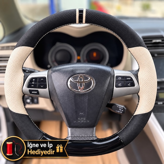 Toyota Verso Ar20 Dikme Direksiyon Kılıfı Delikli Deri Parlak Siyah Bej Detay Çift Yüzük Ve Dikiş 2009-2013
