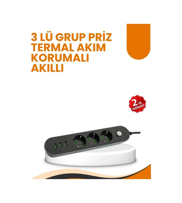 Ers 2 Metre Kablolu 3 Usb Portlu Anahtarlı Üçlü Priz