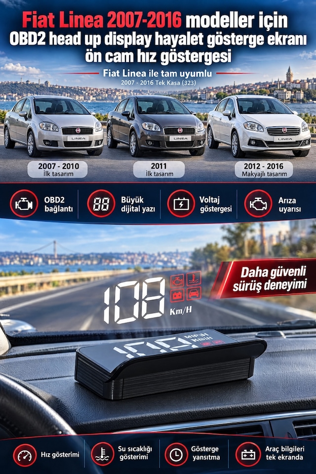 Fiat Linea 2007-2016 Modeller İçin Obd2 Head Up Display Hayalet Gösterge Ekranı Ön Cam Hız Göstergesi