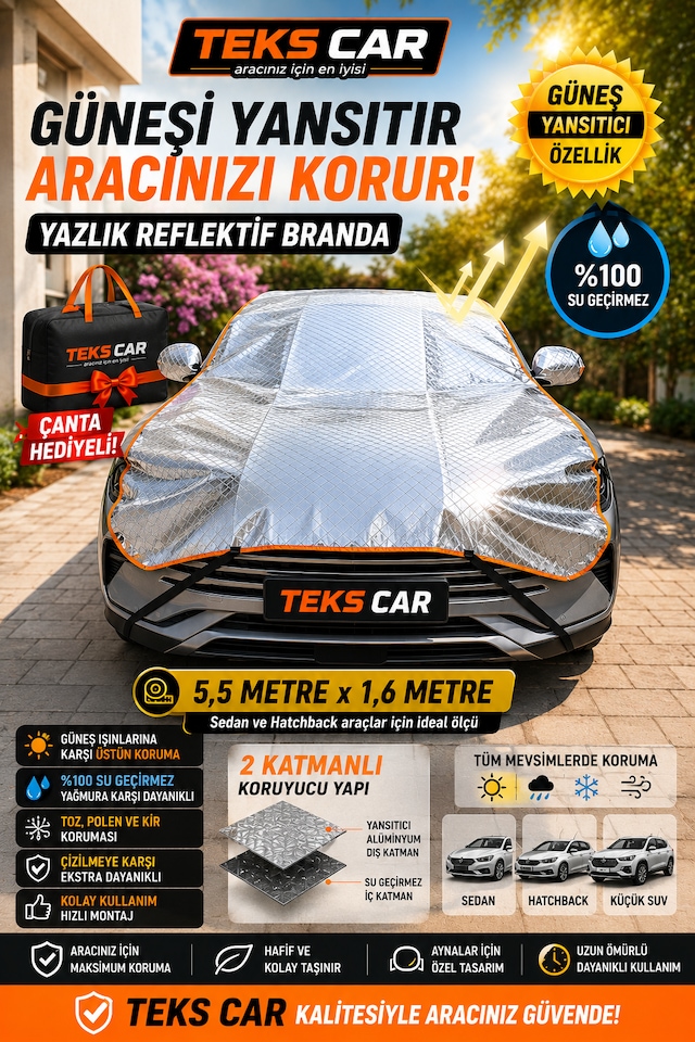 Oto Yarım Araba Brandası Güneş Koruyucu Uv Koruma Isı Yalıtım Oto Güneş Koruma Brandası Premium 1,6 Metre X 5,5 Metre