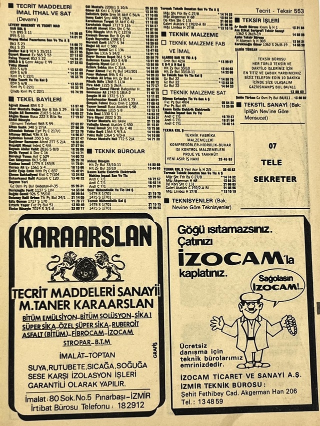 İzmir 1982-1983 Meslek Reklam İlanı Efemera S553 Teşhir Ürün