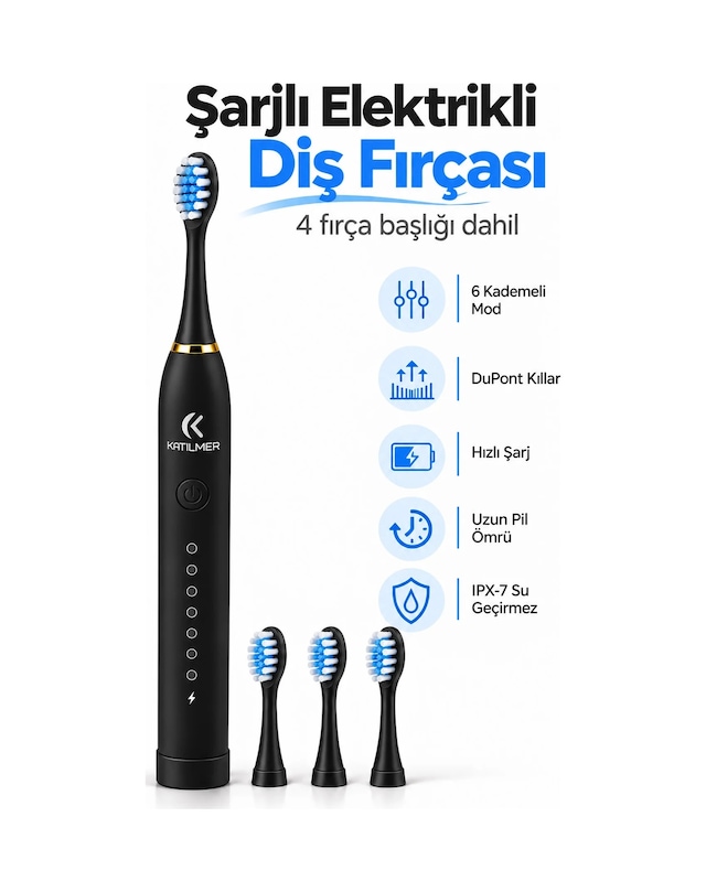 Exenar - Siyah - Şarjlı Elektrikli Diş Fırçası Dupont Yumuşak Kıllı 6 Mod 4 Yedek Başlıklı Ipx7 Su Geçirmez