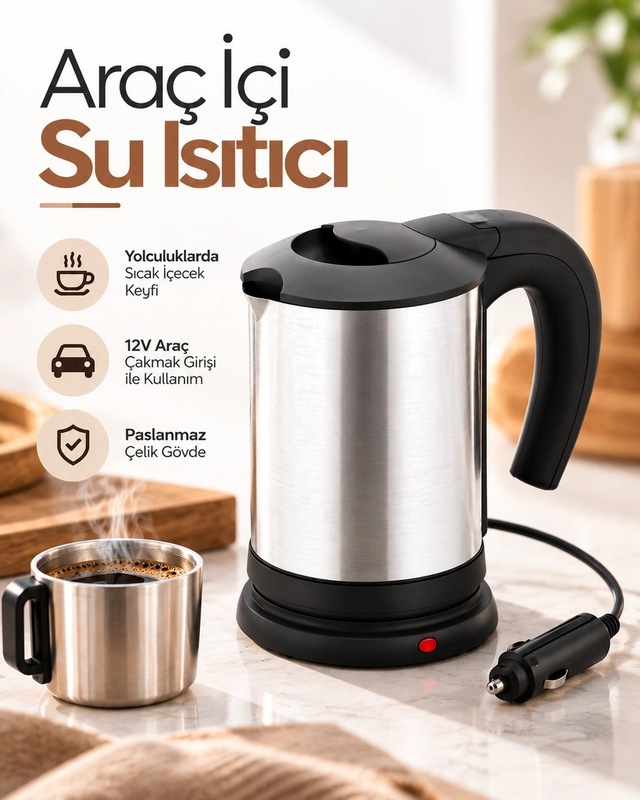 Araç İçi Su Isıtıcı Kettle 12v Çakmaklık Girişli Paslanmaz Çelik Seyahat Tipi Bx-316152